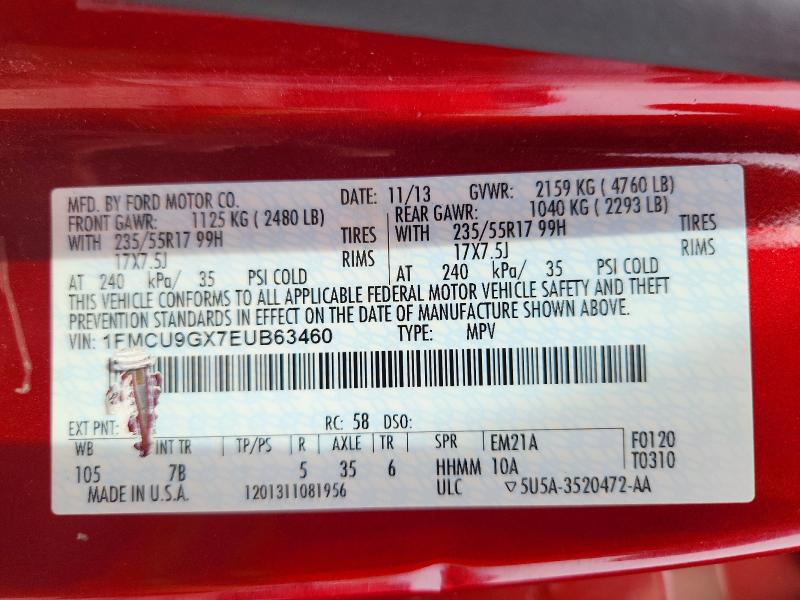 2014 Ford Escape მანქანა იყიდება აუქციონზე, vin: 1FMCU9GX7EUB63460, აუქციონის ნომერი: 71205386