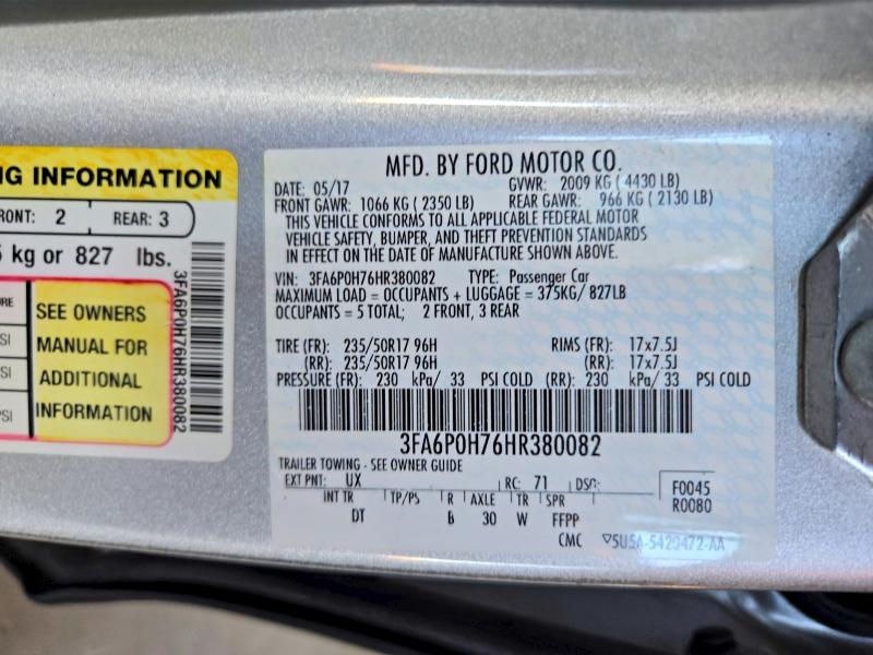 2017 Ford Fusion მანქანა იყიდება აუქციონზე, vin: 3FA6P0H76HR380082, აუქციონის ნომერი: 71069496