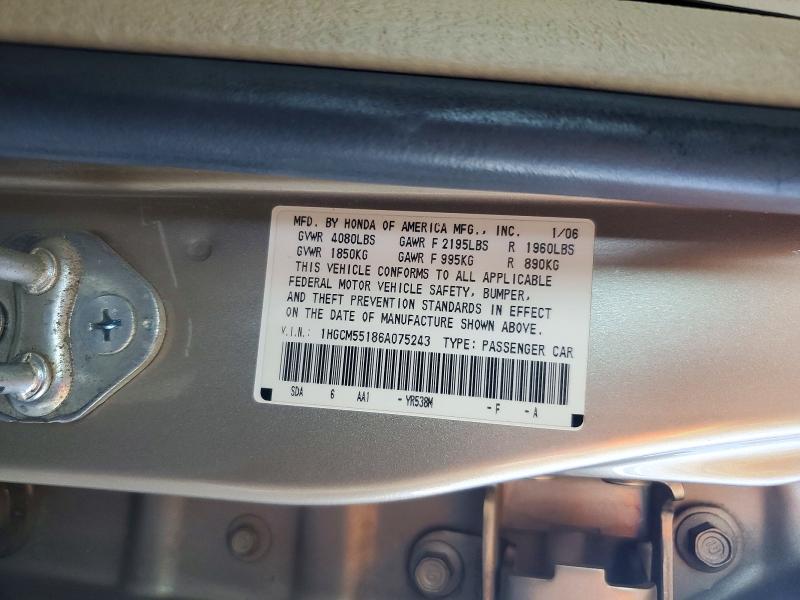 2006 Honda Accord მანქანა იყიდება აუქციონზე, vin: 1HGCM55186A075243, აუქციონის ნომერი: 72242576