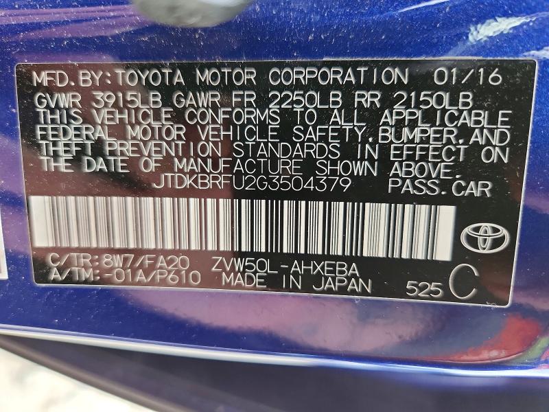 70280636 :رقم المزاد ، JTDKBRFU2G3504379 vin ، 2016 Toyota Prius مزاد بيع