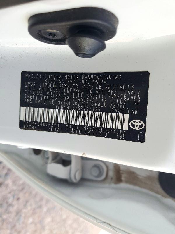2025 Toyota Corolla მანქანა იყიდება აუქციონზე, vin: 5YFB4MDE2SP247474, აუქციონის ნომერი: 72426816