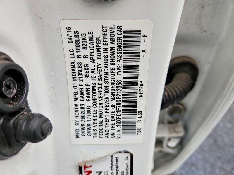 2016 Honda Civic მანქანა იყიდება აუქციონზე, vin: 19XFC1F79GE212358, აუქციონის ნომერი: 71398156