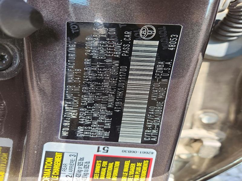 71187246 :رقم المزاد ، 4T1B11HK1JU111700 vin ، 2018 Toyota Camry مزاد بيع