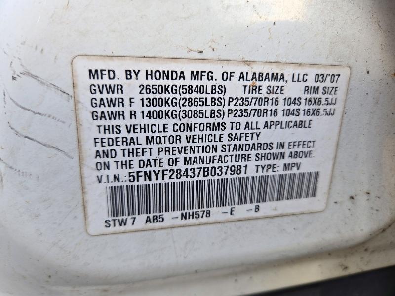 Продаж на аукціоні авто 2007 Honda Pilot, vin: 5FNYF28437B037981, номер лоту: 72035796