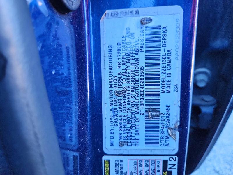 Продаж на аукціоні авто 2004 Toyota Corolla, vin: 2T1BR32E04C283505, номер лоту: 72621536