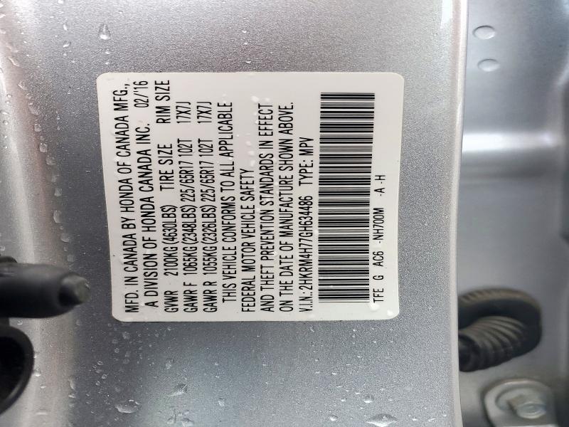 Продаж на аукціоні авто 2016 Honda Cr-v, vin: 2HKRM4H77GH634486, номер лоту: 72448876