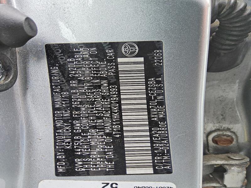 Aukcja sprzedaży 2019 Toyota Camry, vin: 4T1B11HK4KU194993, numer aukcji: 69610206