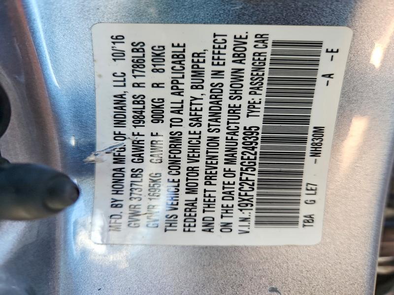 Продажа на аукционе авто 2016 Honda Civic, vin: 19XFC2F75GE249395, номер лота: 71623046