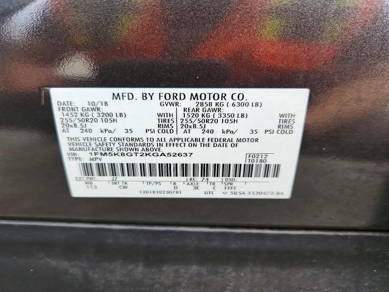 72961606 :رقم المزاد ، 1FM5K8GT2KGA52637 vin ، 2019 Ford Explorer مزاد بيع
