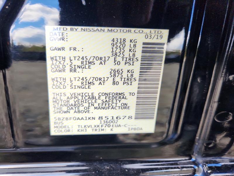 2019 Nissan Nv მანქანა იყიდება აუქციონზე, vin: 5BZBF0AA1KN851678, აუქციონის ნომერი: 71718236