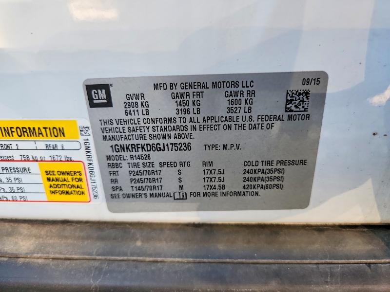 70801566 :رقم المزاد ، 1GNKRFKD6GJ175236 vin ، 2016 Chevrolet Traverse مزاد بيع