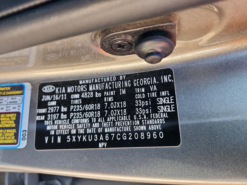 2012 Kia Sorento მანქანა იყიდება აუქციონზე, vin: 5XYKU3A67CG208960, აუქციონის ნომერი: 71687816