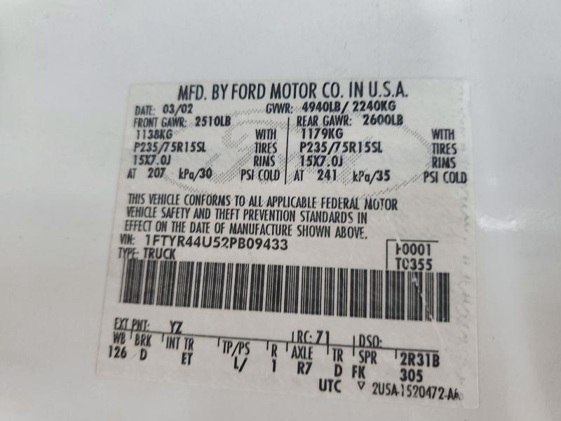 2002 Ford Ranger მანქანა იყიდება აუქციონზე, vin: 1FTYR44U52PB09433, აუქციონის ნომერი: 65230286