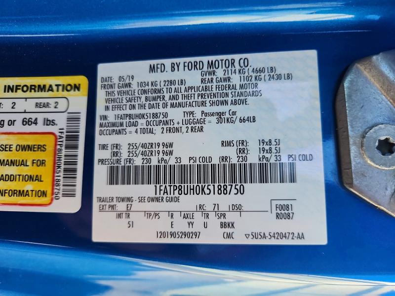 Продажа на аукционе авто 2019 Ford Mustang, vin: 1FATP8UH0K5188750, номер лота: 71653106