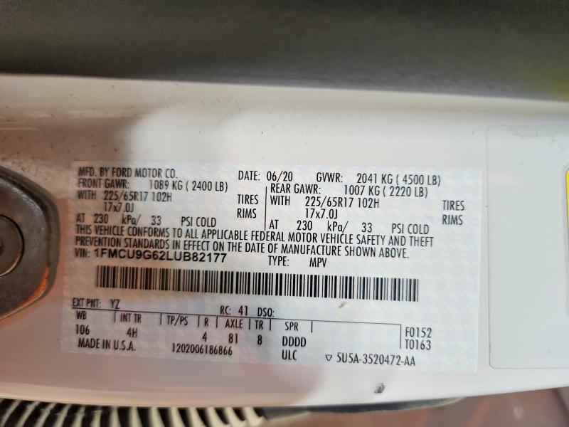 71888496 :رقم المزاد ، 1FMCU9G62LUB82177 vin ، 2020 Ford Escape مزاد بيع