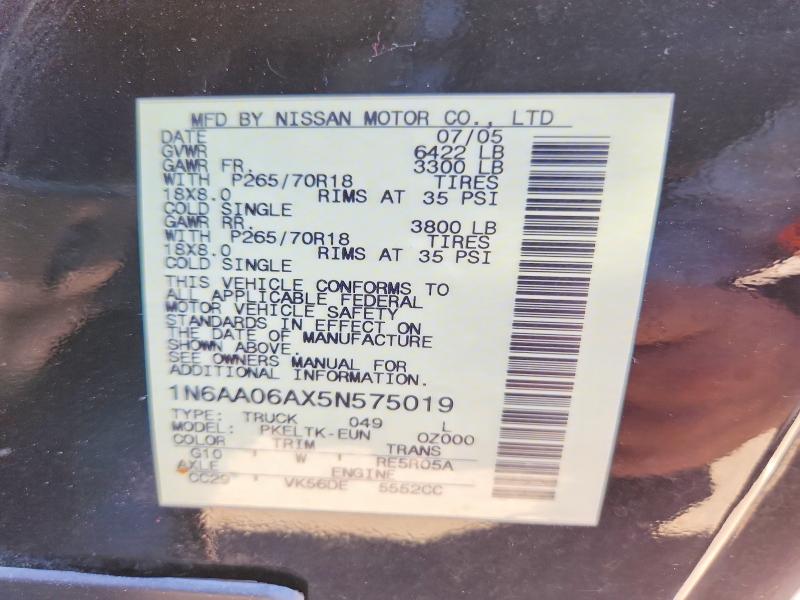 2005 Nissan Titan მანქანა იყიდება აუქციონზე, vin: 1N6AA06AX5N575019, აუქციონის ნომერი: 71156866