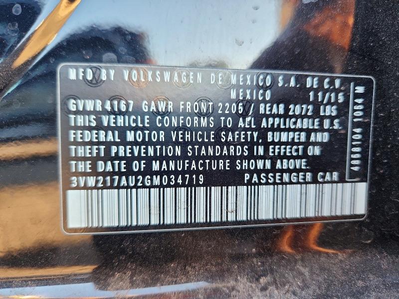 72356796 :رقم المزاد ، 3VW217AU2GM034719 vin ، 2016 Volkswagen Golf مزاد بيع