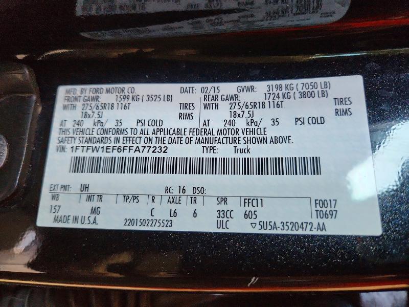 71983966 :رقم المزاد ، 1FTFW1EF6FFA77232 vin ، 2015 Ford F150 مزاد بيع