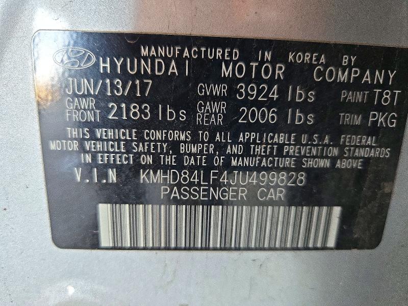 72190036 :رقم المزاد ، KMHD84LF4JU499828 vin ، 2018 Hyundai Elantra مزاد بيع