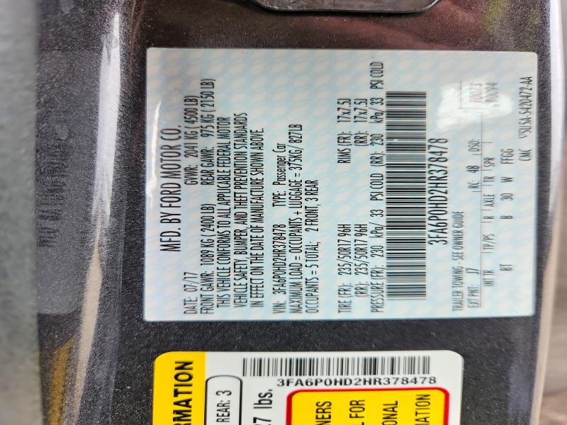 2017 Ford Fusion მანქანა იყიდება აუქციონზე, vin: 3FA6P0HD2HR378478, აუქციონის ნომერი: 71493996