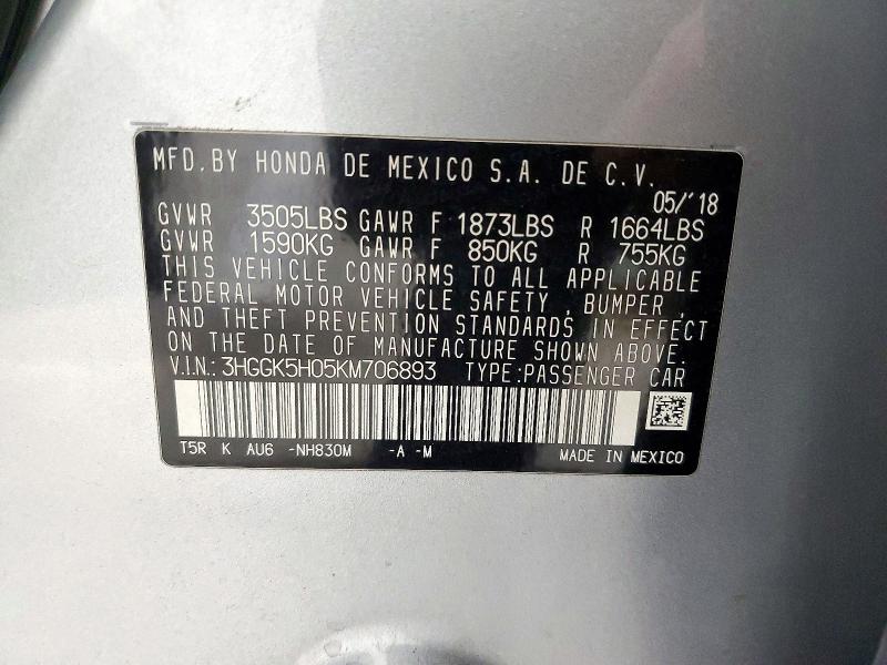 2019 Honda Fit მანქანა იყიდება აუქციონზე, vin: 3HGGK5H05KM706893, აუქციონის ნომერი: 72306936