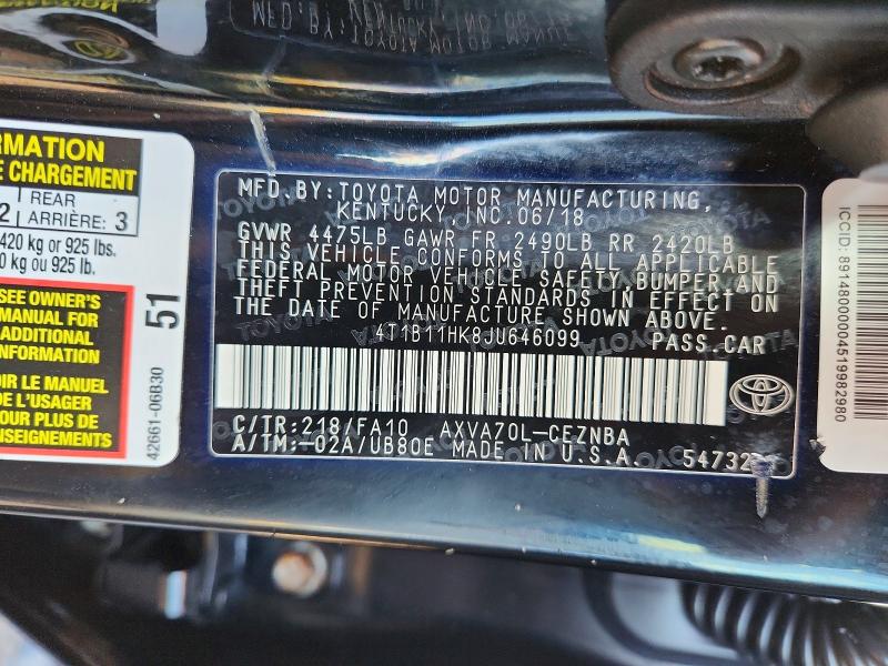 Aukcja sprzedaży 2018 Toyota Camry, vin: 4T1B11HK8JU646099, numer aukcji: 69885856