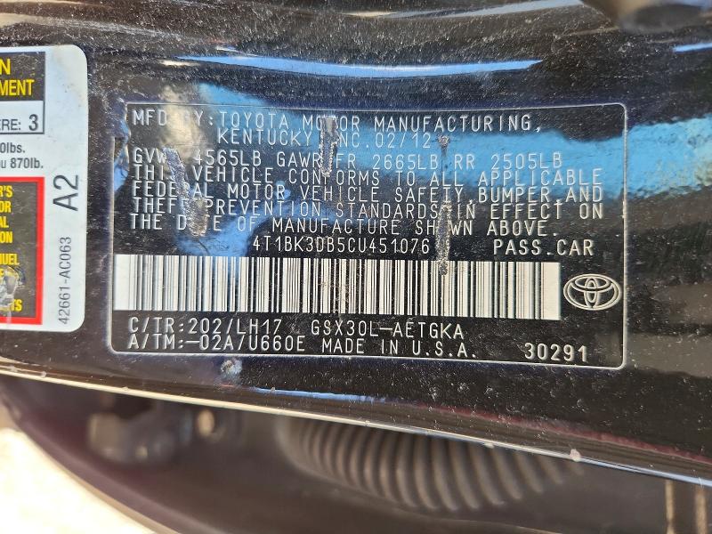 72488026 :رقم المزاد ، 4T1BK3DB5CU451076 vin ، 2012 Toyota Avalon مزاد بيع