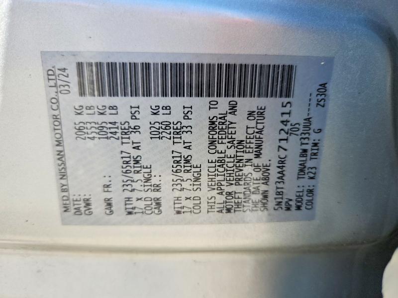 71913366 :رقم المزاد ، 5N1BT3AA4RC712415 vin ، 2024 Nissan Rogue مزاد بيع