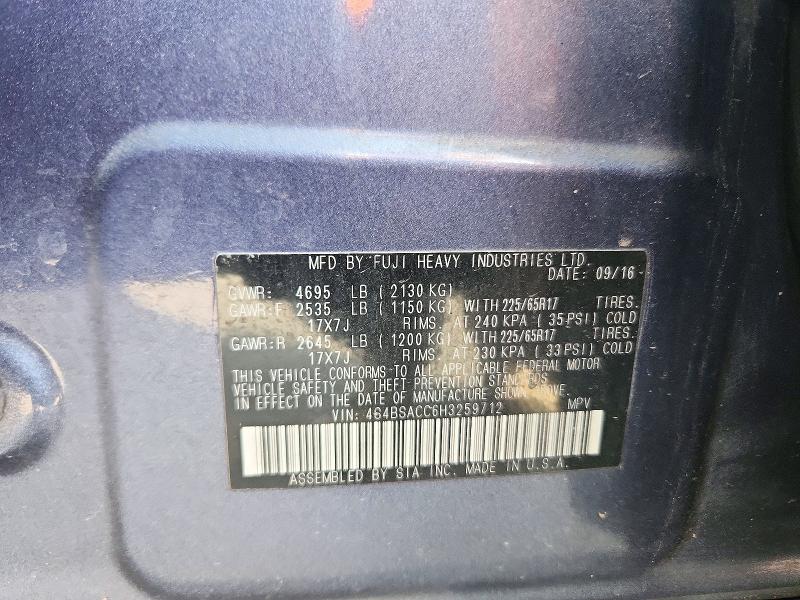2017 Subaru Outback მანქანა იყიდება აუქციონზე, vin: 4S4BSACC6H3259712, აუქციონის ნომერი: 71324366