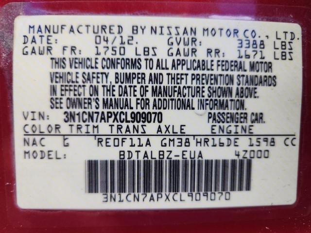 71140466 :رقم المزاد ، 3N1CN7APXCL909070 vin ، 2012 Nissan Versa مزاد بيع
