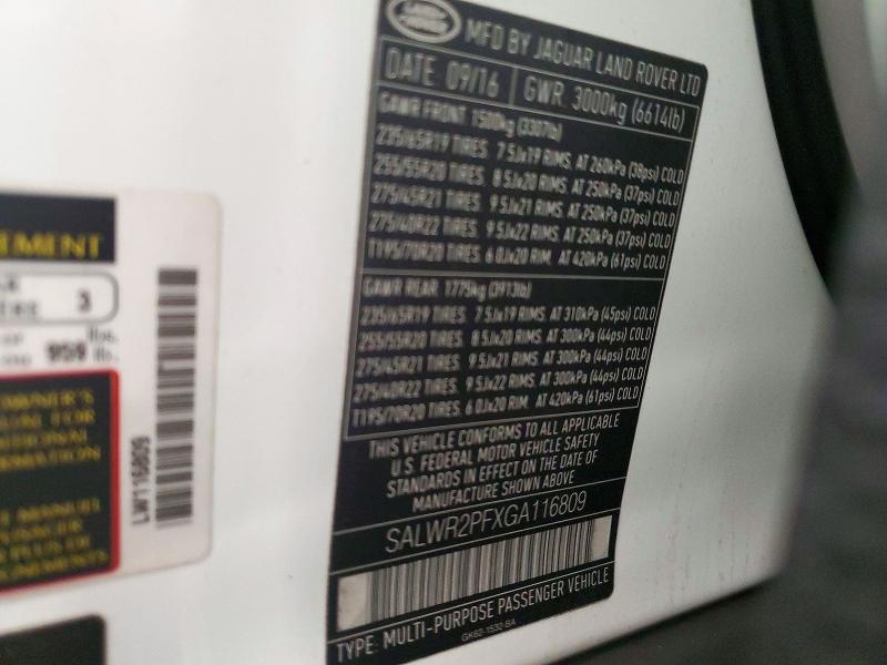 2016 Land Rover Range Rover Sport მანქანა იყიდება აუქციონზე, vin: SALWR2PFXGA116809, აუქციონის ნომერი: 72377726