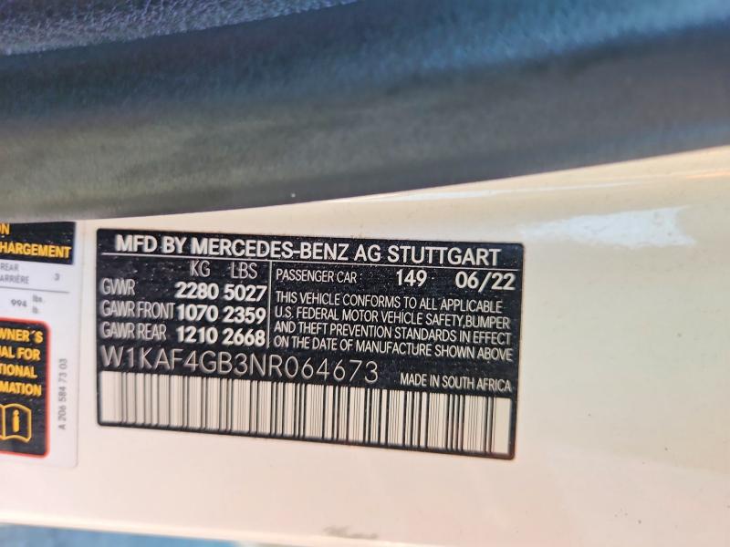 Aukcja sprzedaży 2022 Mercedes-benz C, vin: W1KAF4GB3NR064673, numer aukcji: 71625156