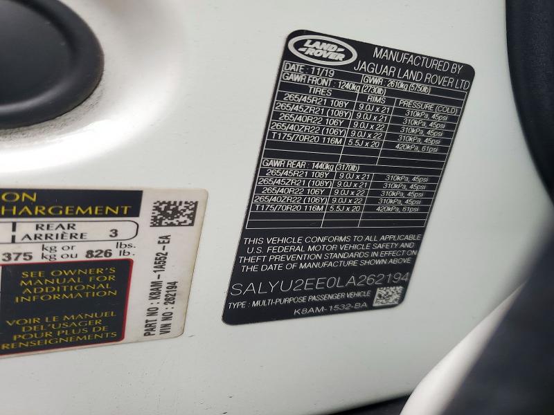 Продажа на аукционе авто 2020 Land Rover Range Rover Velar, vin: SALYU2EE0LA262194, номер лота: 72926076