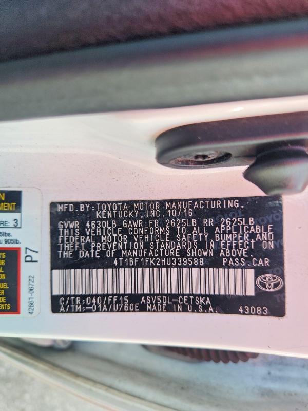 2017 Toyota Camry მანქანა იყიდება აუქციონზე, vin: 4T1BF1FK2HU339588, აუქციონის ნომერი: 71079436