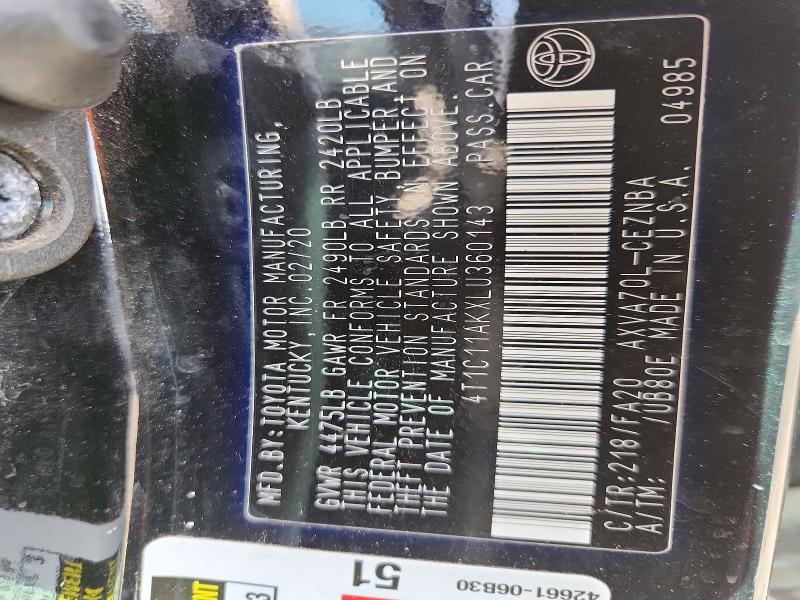 Aukcja sprzedaży 2020 Toyota Camry, vin: 4T1C11AKXLU360143, numer aukcji: 72382496