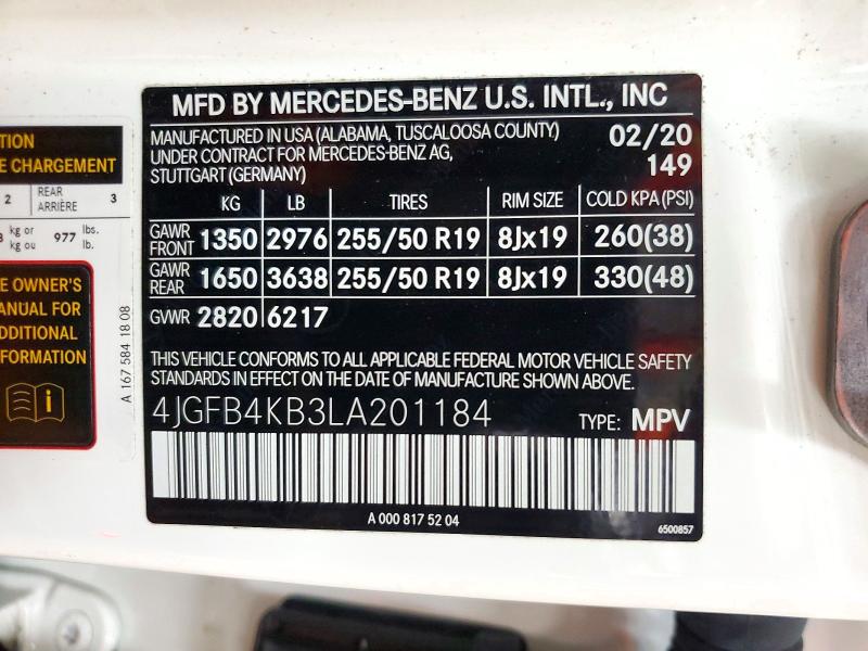 72741816 :رقم المزاد ، 4JGFB4KB3LA201184 vin ، 2020 Mercedes-benz Gle مزاد بيع