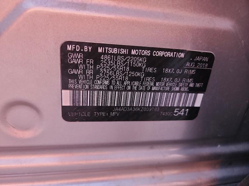 71185636 :رقم المزاد ، JA4AD3A36KZ009183 vin ، 2019 Mitsubishi Outlander مزاد بيع