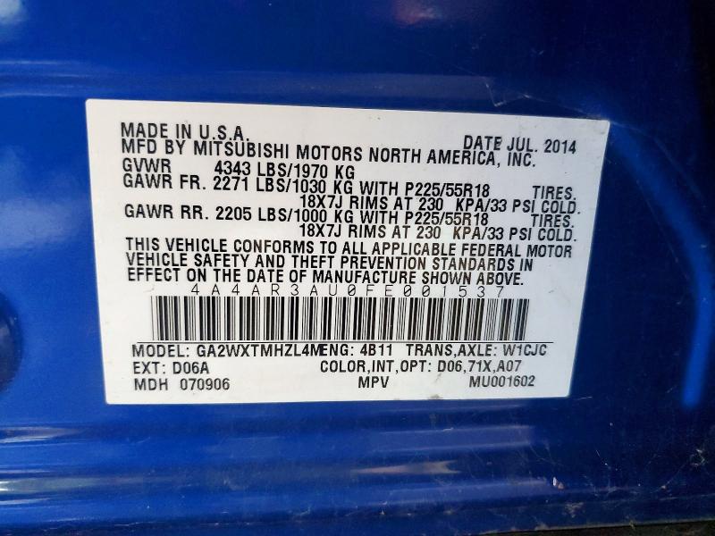 Aukcja sprzedaży 2015 Mitsubishi Outlander Sport, vin: 4A4AR3AU0FE001537, numer aukcji: 72635446