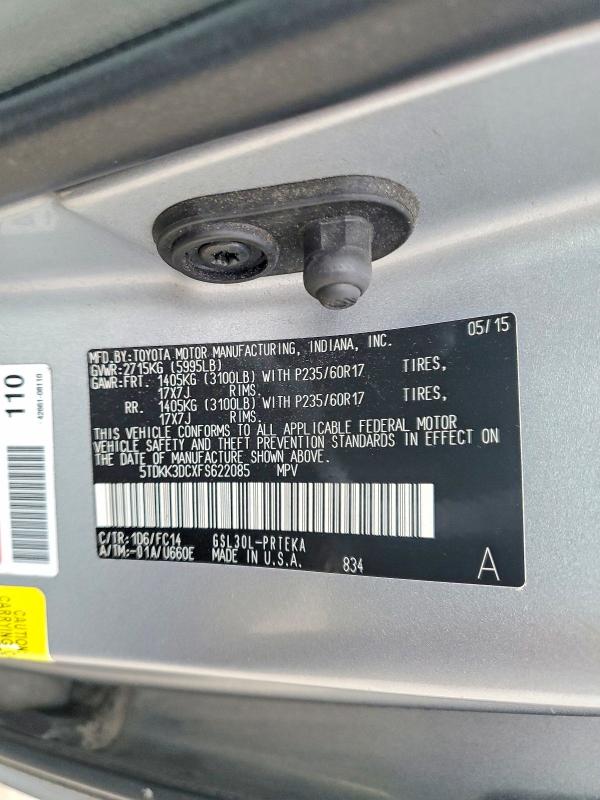 Продаж на аукціоні авто 2015 Toyota Sienna, vin: 5TDKK3DCXFS622085, номер лоту: 71355456