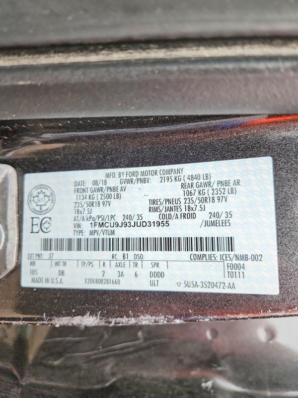 Продаж на аукціоні авто 2018 Ford Escape, vin: 1FMCU9J93JUD31955, номер лоту: 70965316