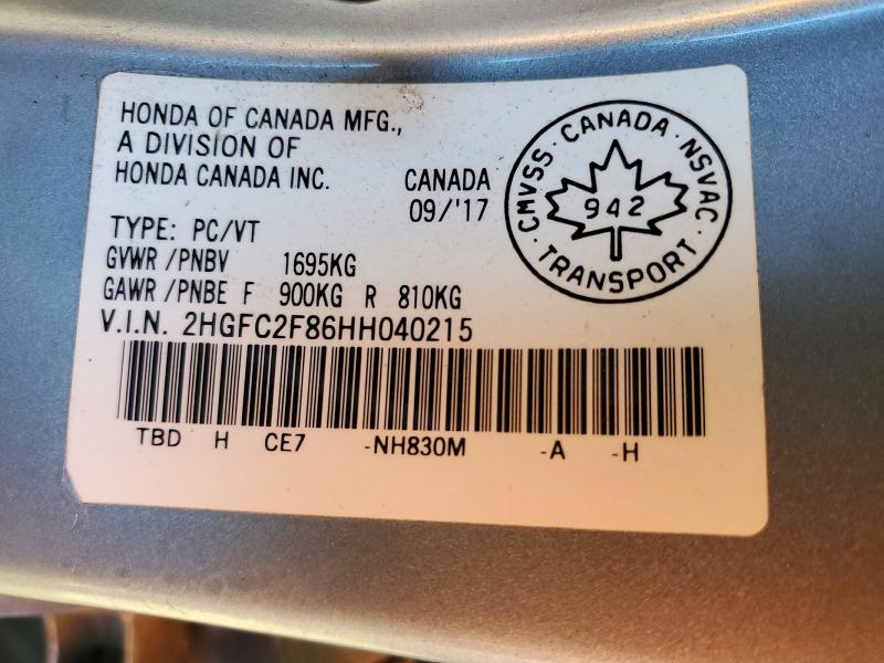 Продаж на аукціоні авто 2017 Honda Civic, vin: 2HGFC2F86HH040215, номер лоту: 69589376