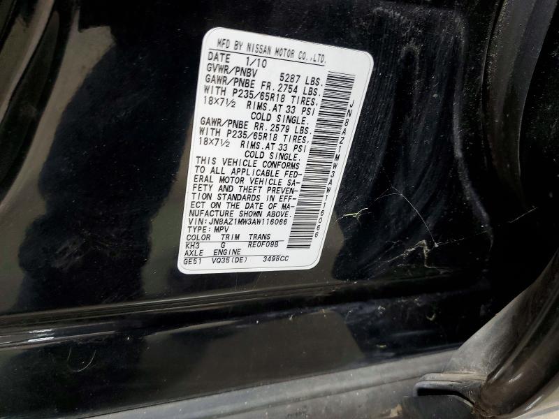 2010 Nissan Murano მანქანა იყიდება აუქციონზე, vin: JN8AZ1MW3AW116066, აუქციონის ნომერი: 71879226