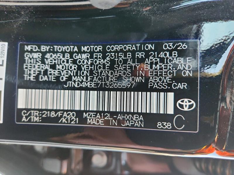 Aukcja sprzedaży 2026 Toyota Corolla Hatchback, vin: JTND4MBE7T3265597, numer aukcji: 71786606