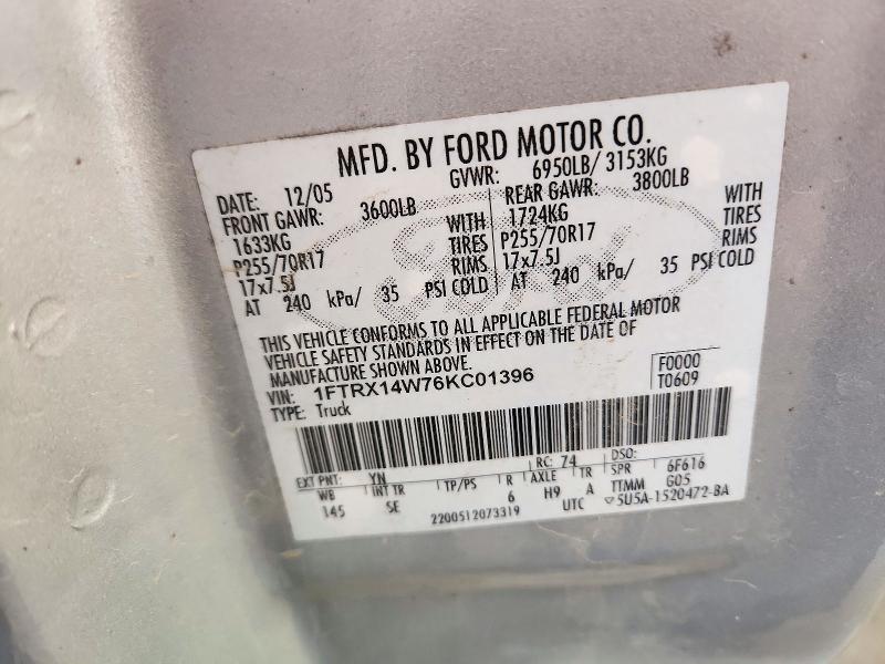 2006 Ford F150 მანქანა იყიდება აუქციონზე, vin: 1FTRX14W76KC01396, აუქციონის ნომერი: 71240626