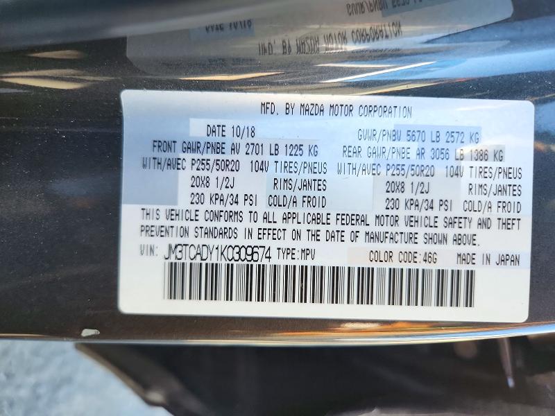 2019 Mazda Cx-9 მანქანა იყიდება აუქციონზე, vin: JM3TCADY1K0309674, აუქციონის ნომერი: 72246976