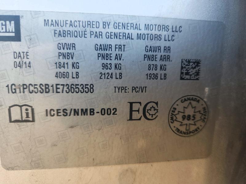 2014 Chevrolet Cruze მანქანა იყიდება აუქციონზე, vin: 1G1PC5SB1E7365358, აუქციონის ნომერი: 72398286