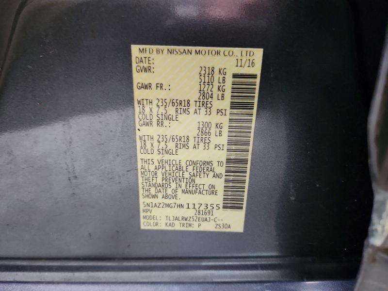 Aukcja sprzedaży 2017 Nissan Murano, vin: 5N1AZ2MG7HN117355, numer aukcji: 71038156