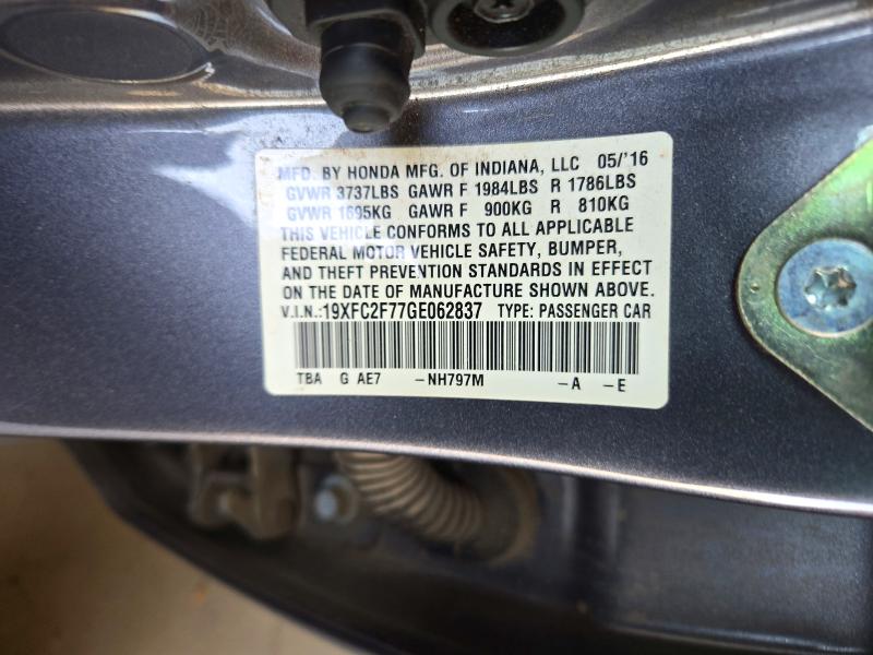 2016 Honda Civic მანქანა იყიდება აუქციონზე, vin: 19XFC2F77GE062837, აუქციონის ნომერი: 72950316