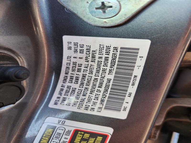 72385136 :رقم المزاد ، JHMFA3F29AS007440 vin ، 2010 Honda Civic مزاد بيع