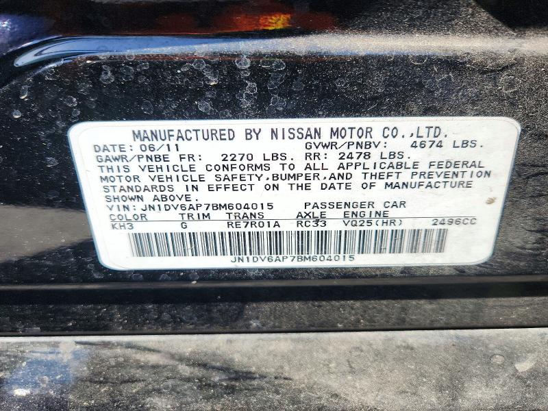 2011 Infiniti G25 Sedan მანქანა იყიდება აუქციონზე, vin: JN1DV6AP7BM604015, აუქციონის ნომერი: 72695196